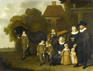 Portret van de familie Meebeeck Cruywagen bij de poort van hun buitenhuis aan de Uitweg bij Amsterdam